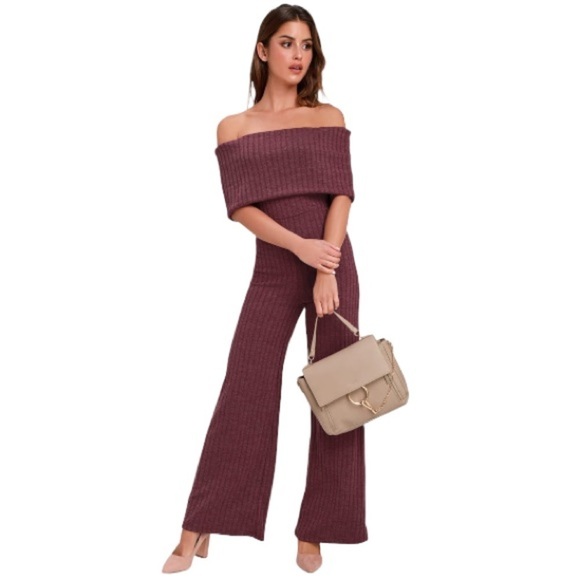 Lulu’s Off Shoulder Burgundy Ribbed Knit Wide Leg Jumpsuit - Picture 3 of 8